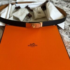 Hermes Kelly Belt - Black with rose gold hardware